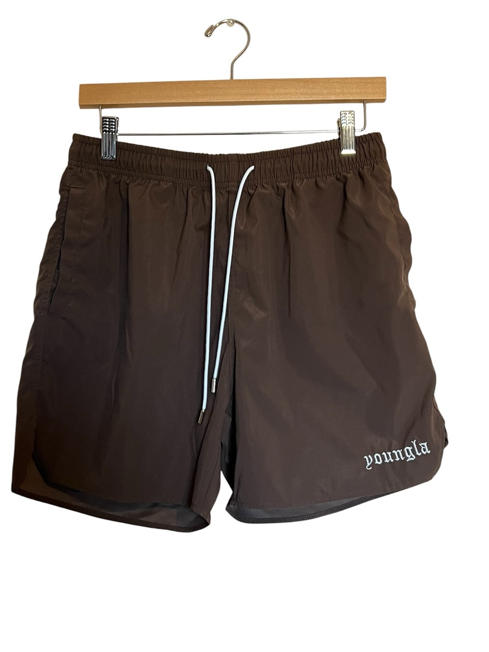 YoungLA Brown Athletic Swim Shorts with White Drawstring size M